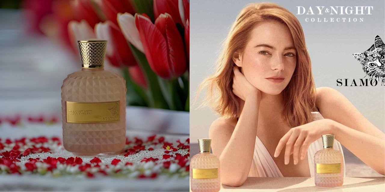Perfume Manufacturers, Day & Night Siamo perfume campaign featuring fragrance bottles and a model